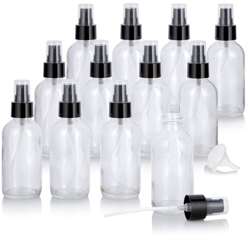 JUVITUS 4 oz Clear Glass Boston Round Bottle with Black Treatment Pump (12 Pack) + Funnel