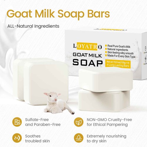 LOYATRO Goat Milk Soap Bar 4.8 oz (4 Bars) For Dry Sensitive Skin. Natural Soap For Women, Men, Kids & Baby. Great For Face & Body