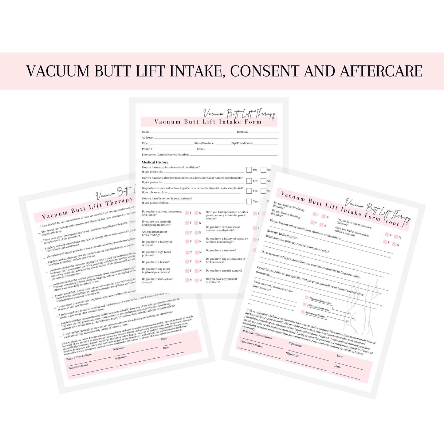 Vacuum Butt Lift Therapy Intake, Consent, and Aftercare Form | 75 Pack | 8.5x11" inch Paper Size Form | Eyelash Extension Supplies | Client Signature | Butt Lift Cupping | White and Pink Design