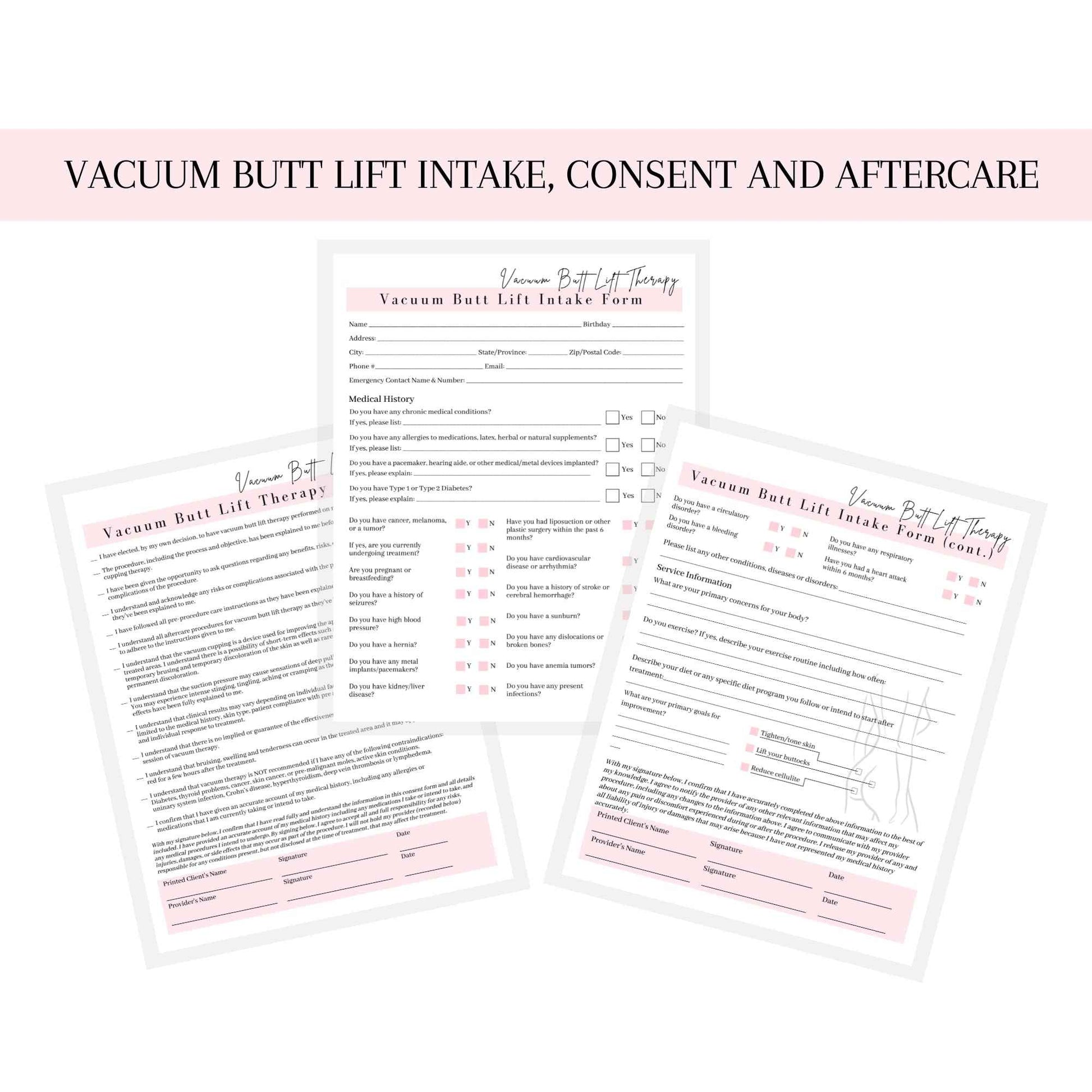 Vacuum Butt Lift Therapy Intake, Consent, and Aftercare Form | 75 Pack | 8.5x11" inch Paper Size Form | Eyelash Extension Supplies | Client Signature | Butt Lift Cupping | White and Pink Design