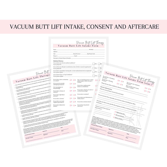 Vacuum Butt Lift Therapy Intake, Consent, and Aftercare Form | 75 Pack | 8.5x11" inch Paper Size Form | Eyelash Extension Supplies | Client Signature | Butt Lift Cupping | White and Pink Design