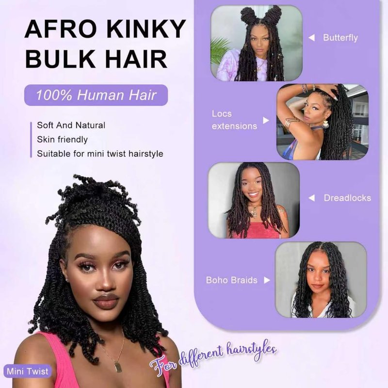Kinky Curly Human Hair for Braiding - Soft 4C Afro Bulk Extensions | Natural Black 16 Inch (1B, 35g/Pack)