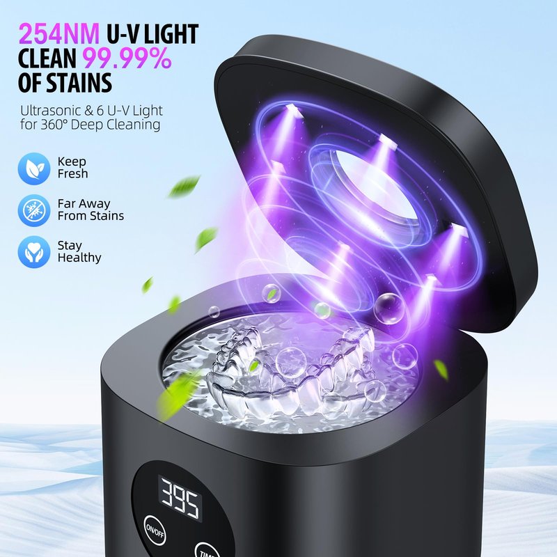 COBEEK Ultrasonic Retainer Cleaner Machine, 52kHz Ultrasonic Denture Cleaner for Night Guards, Braces, Toothbrush Heads, Jewelry and More, Ultrasonic Cleaner for Retainers, Black-Silver