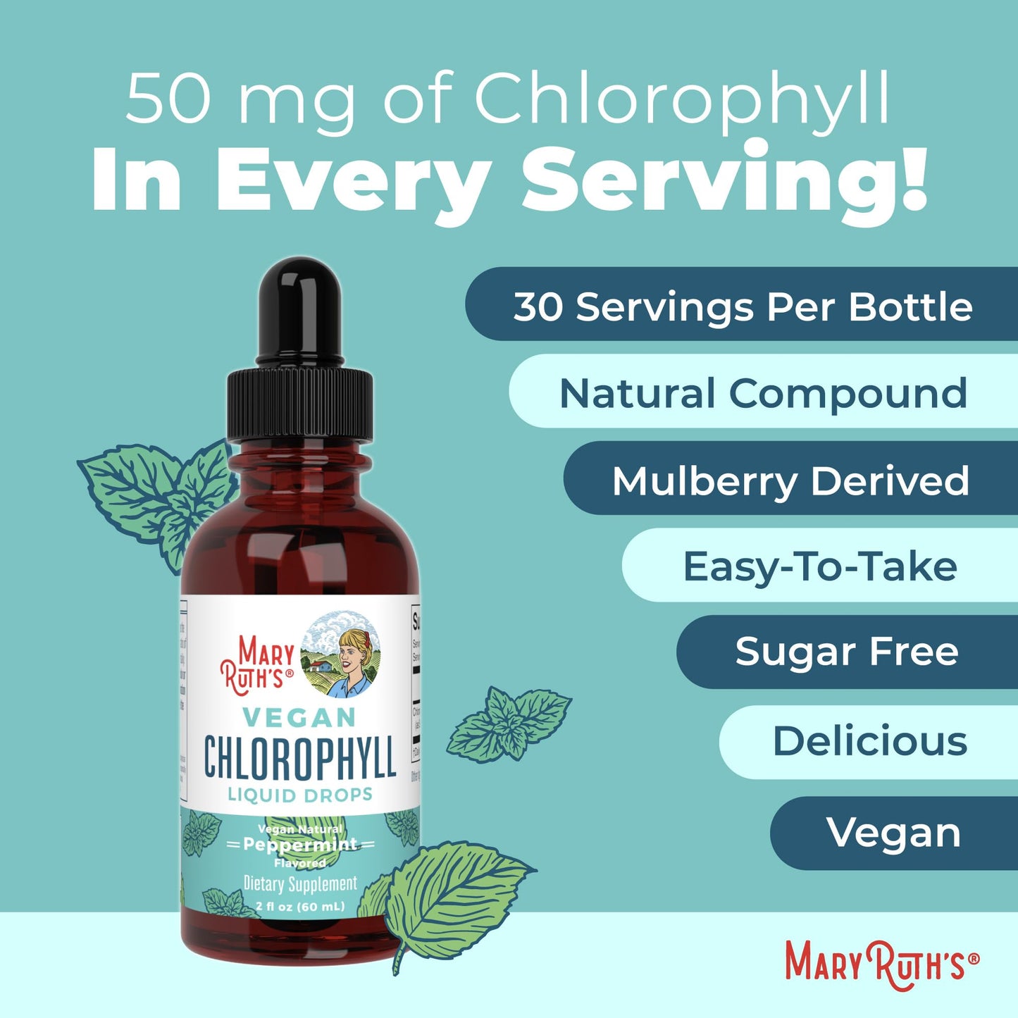 MaryRuth's Chlorophyll Liquid Drops | Clean Label Project Certified® | Vegan | Non-Diluted Liquid Chlorophyll| Mulberry Derived Supplement for Ages 14+ | Non-GMO | Delicious Minty Flavor | 2 Fl Oz