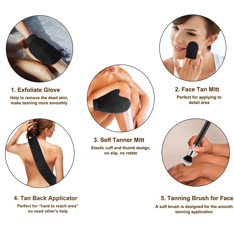CeleCily 5-in-1 Self Tanner Mitt Applicator Kit - Professional Self Tanning Mitt Back Applicator, Mini Mitt, Brush and Exfoliator，No Streaks, No Orange Palms, Double-Sided Washable Tanning Gloves Set