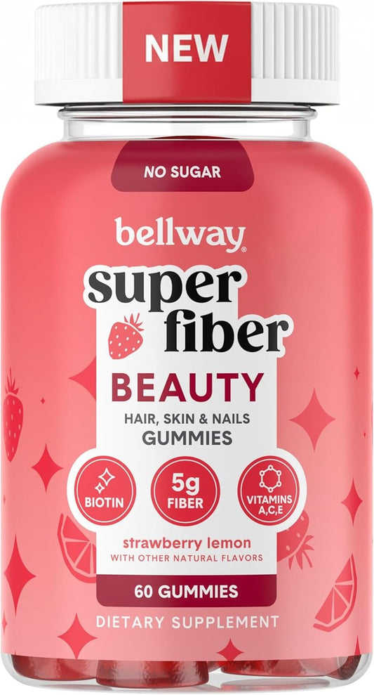 Super Fiber Gummies - Sugar-Free Beauty Supplement with Biotin & Vitamins A, C, E | Supports Digestive Health & Skin - 60 Count