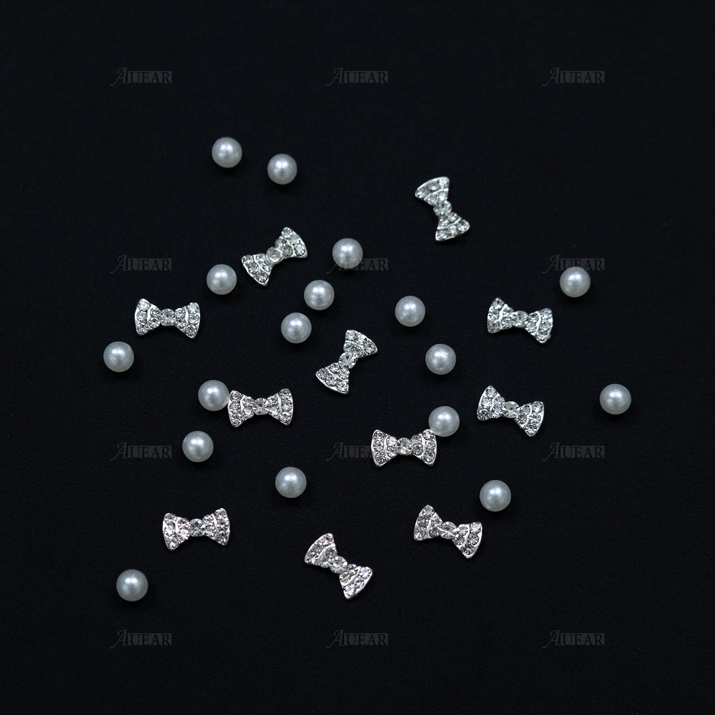 AUEAR, 40 Pack Nail Bows Charms Rhinestones Charming 3D Nail Art Charms Bow Tie Crystal Pendant Decals DIY Decoration for Women Beauty Design Jewelry Craft, Silver