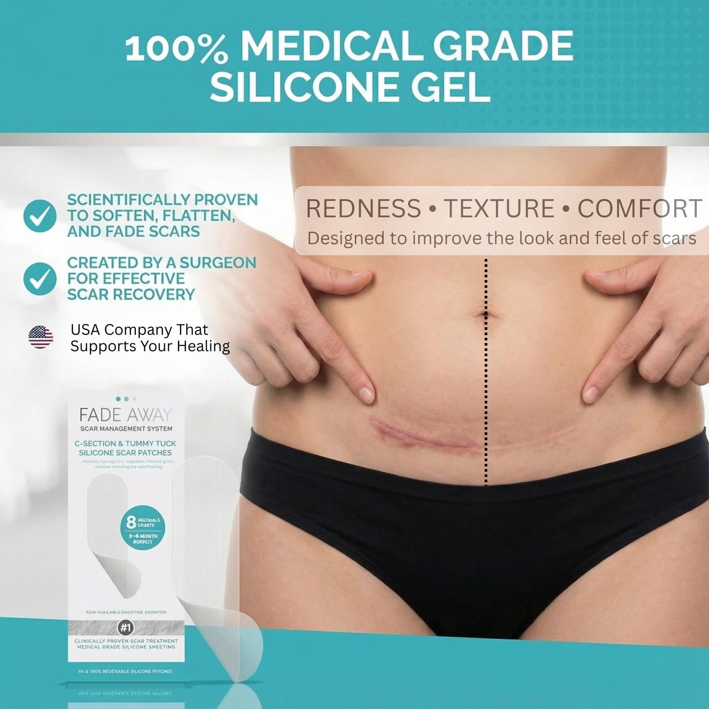 Fade Away Scars Silicone Scar Sheets for C-Section & Tummy Tuck – Reusable Medical Grade Silicone Scar Tape for Surgical Scars – Soft Scar Strips with Storage Pouch – Fade Away Silicone Scar Sheets