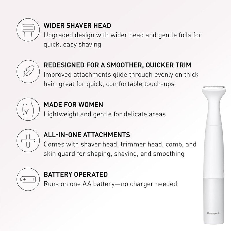 Panasonic Bikini Trimmer & Shaver for Women - 4 Attachments for Gentle Grooming | Wet/Dry Use, Battery-Operated