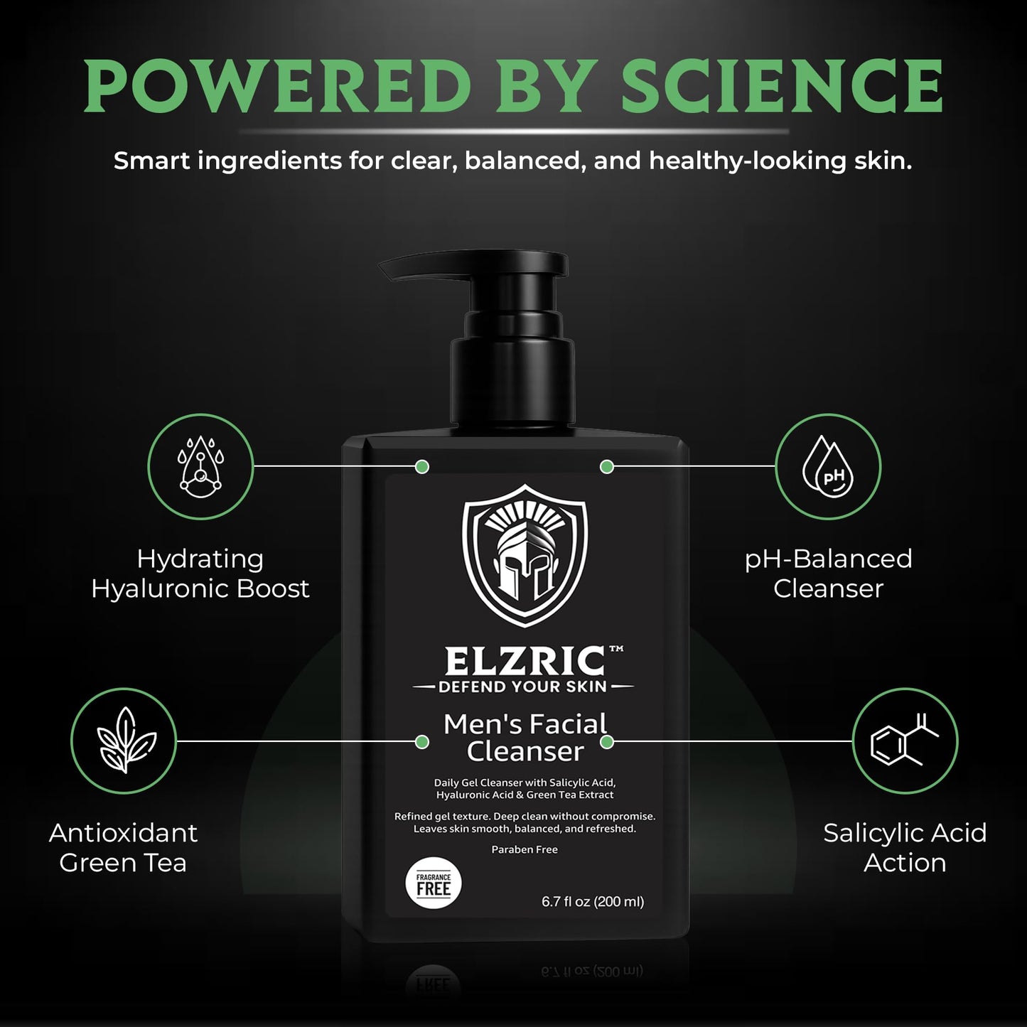 Elzric Men's Facial Cleanser Exfoliating Face Wash for Oily, Breakout-Prone and Sensitive Skin Deep Cleansing with Salicylic Acid, Green Tea, Hyaluronic Acid and Amino Acids Daily Face Wash for Men