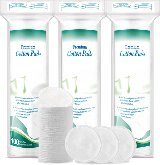 Premium Cotton Rounds for Face, 300 Count Makeup Remover Pads, 100% Pure & Natural Facial Cleansing Round Pads, Soft, Hypoallergenic, Lint-Free, Highly Absorbent