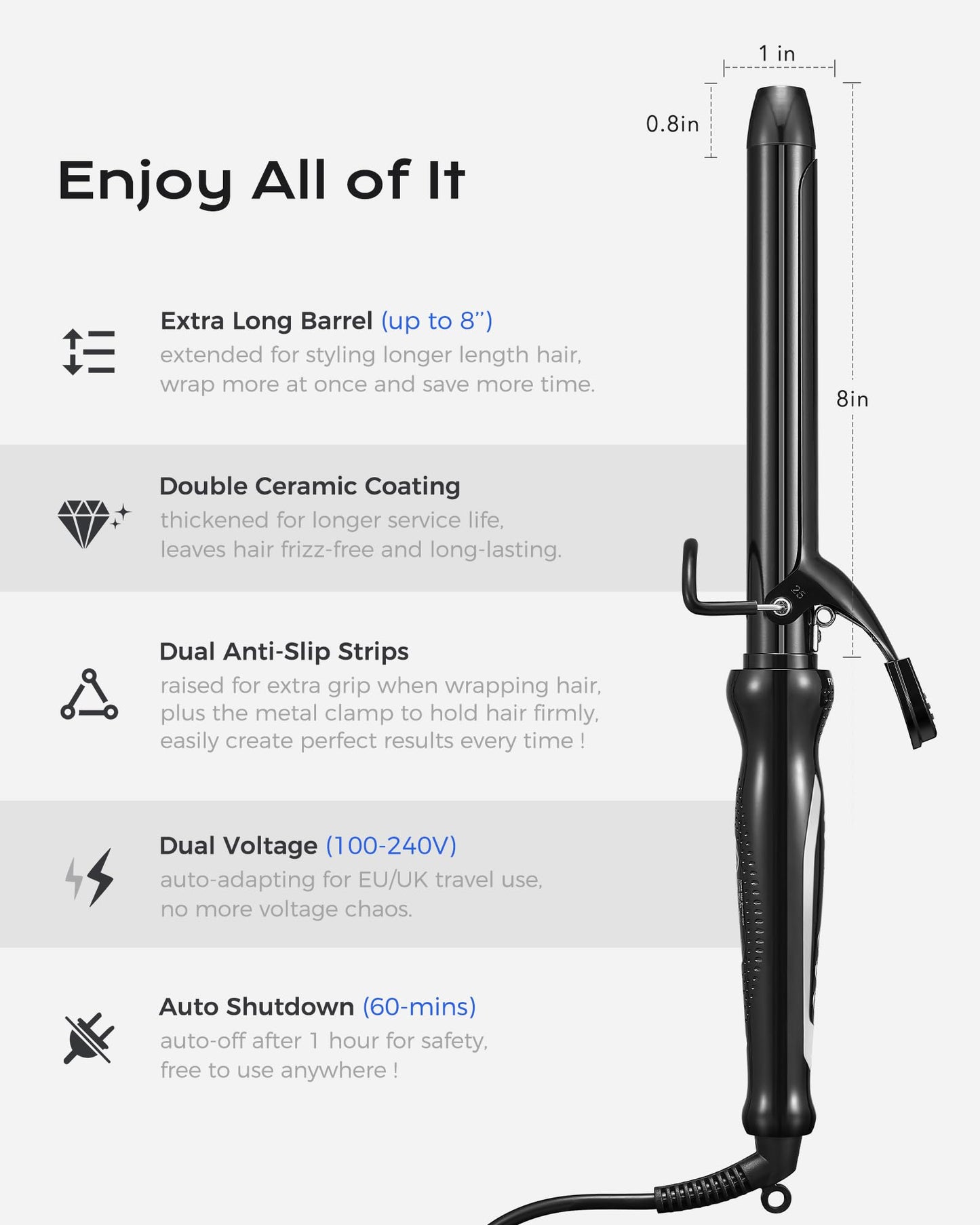 FUNBUGS 1.25'' Double Ceramic Long Barrel Curling Iron - 8'' Extended Wand | 5 Heat Settings | Dual Voltage | Auto Shut-Off | Anti-Slip Styling for Long Hair (Bag, Mat, Glove)