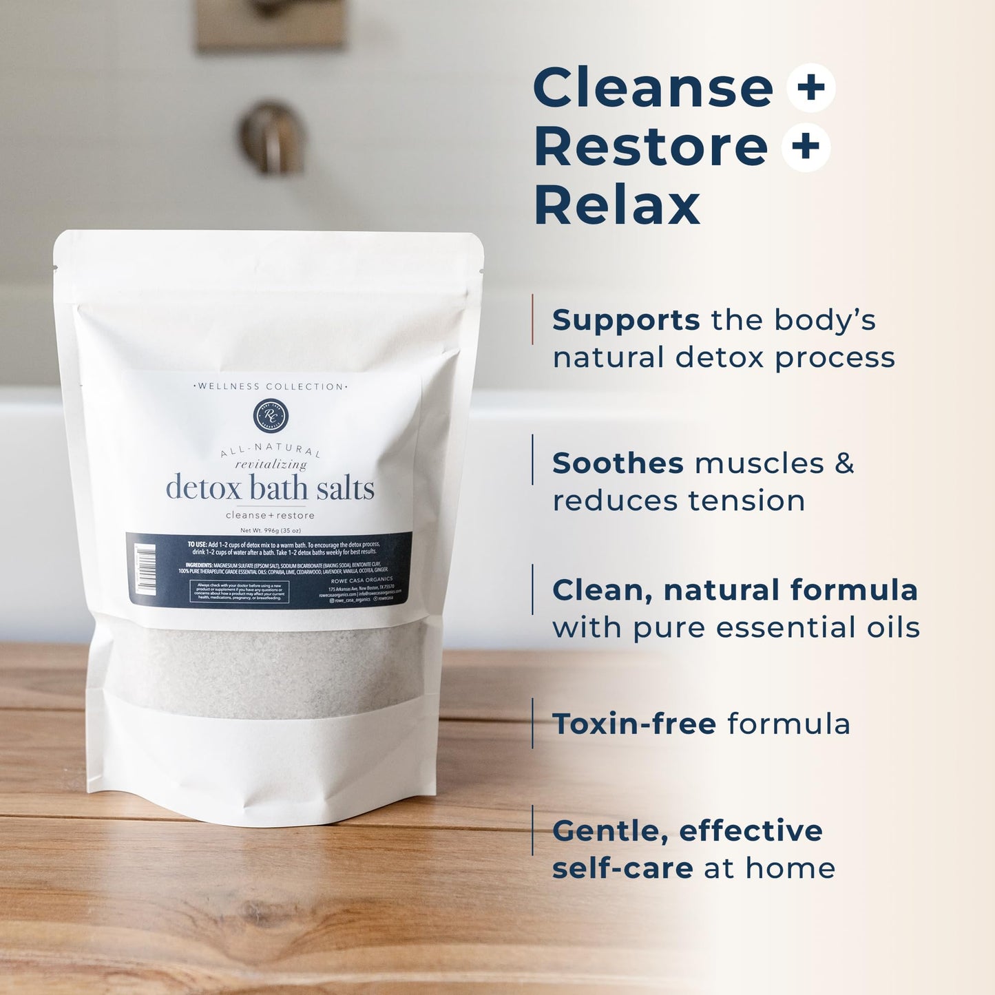 Rowe Casa Organics Detox Bath Salts with Health Boosting Magnesium and Bentonite Clay – Natural Bath Soak for Body Cleanse, Restore, and Relaxation, 35 Oz