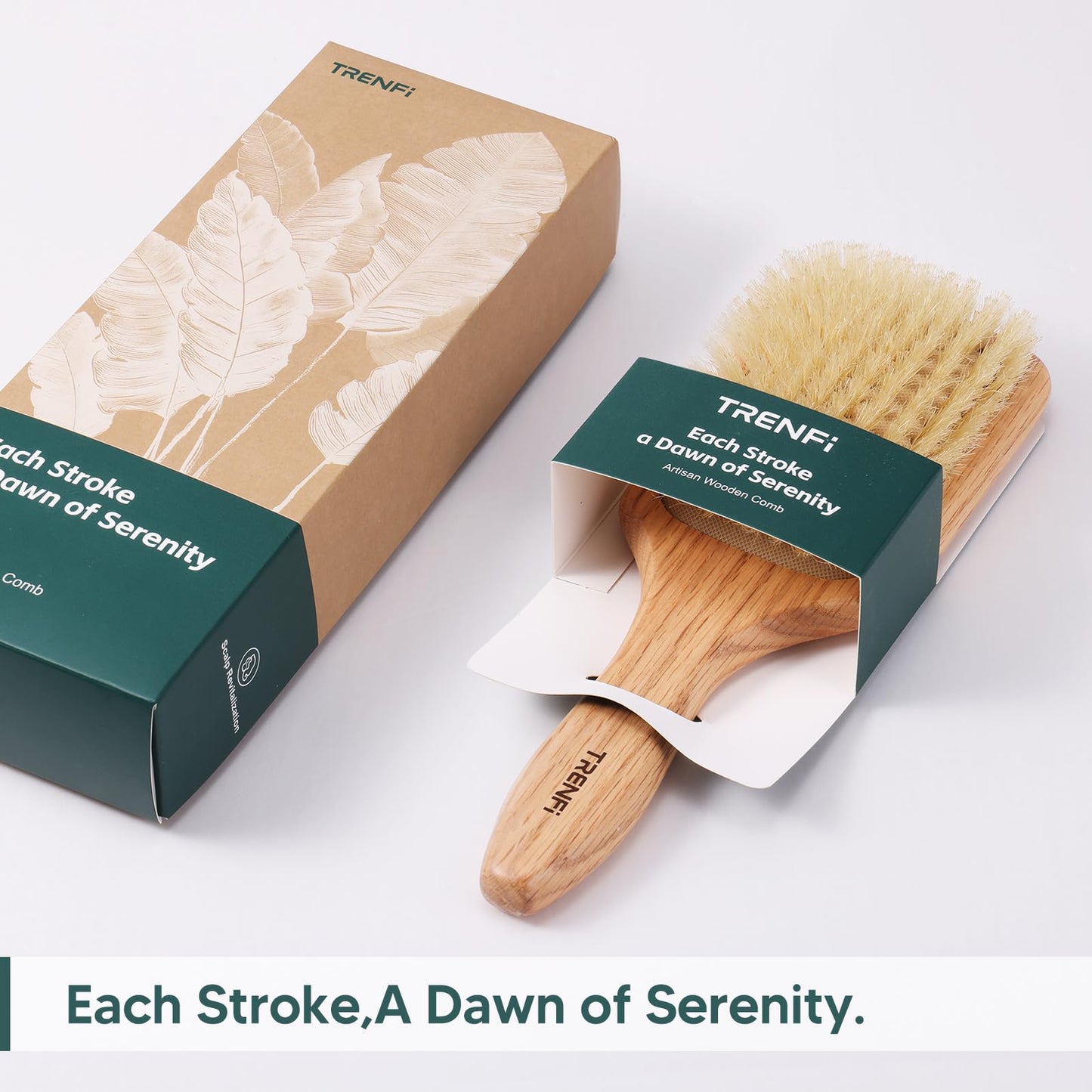 TRENFI 100% Boar Bristle Hair Brush - Soft Natural Bristle Wooden Paddle Brush for Fine Thin Hair, Distributes Scalp Oils for Smooth Shine, Solid Red Oak Handle for Women Men