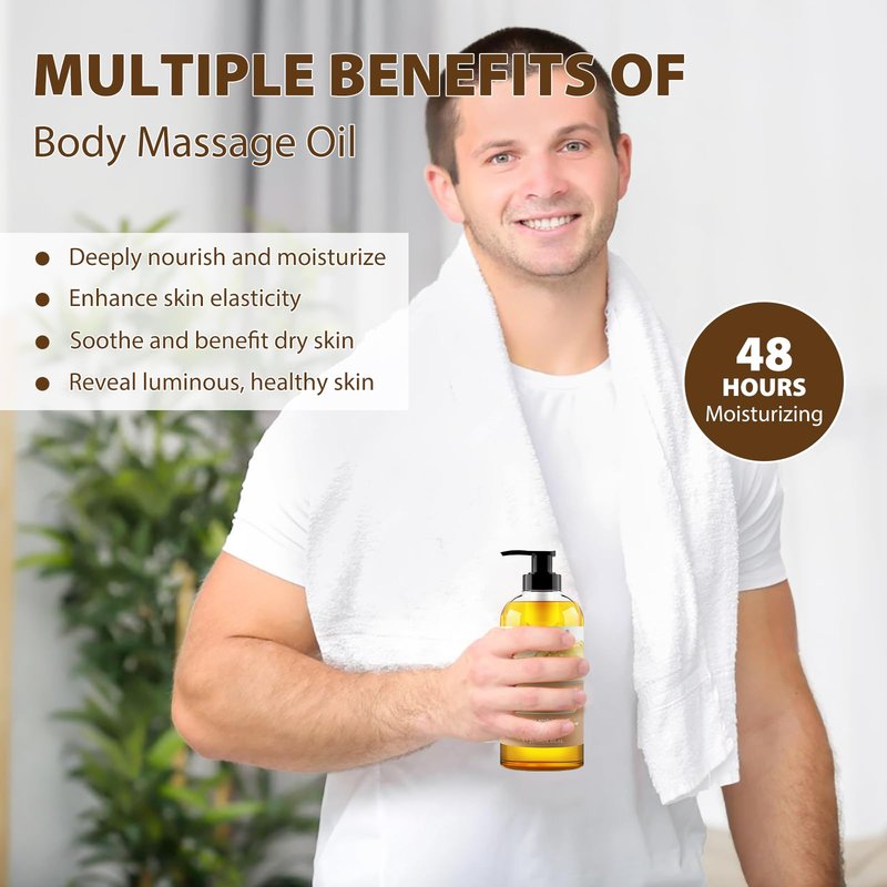 PHATOIL Sandalwood Body Oil for Men with Ginger, YlangYlang, Cinnamon, 260ml Large Bottle Body Oil for Skin, 8.8 fl.oz Premium Moisturizer Oil for After Shower, Great for Skin and Body Care