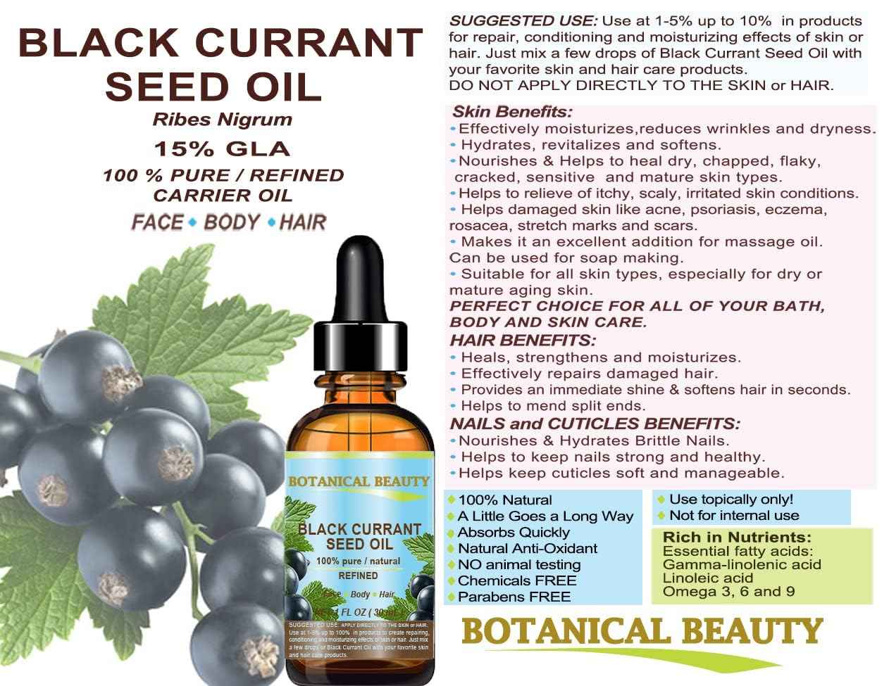 Botanical Beauty BLACK CURRANT SEED OIL 100% Pure Natural Undiluted Refined Cold Pressed Carrier Oil for Skin, Hair, Lip and Nail Care (1 Fl Oz)