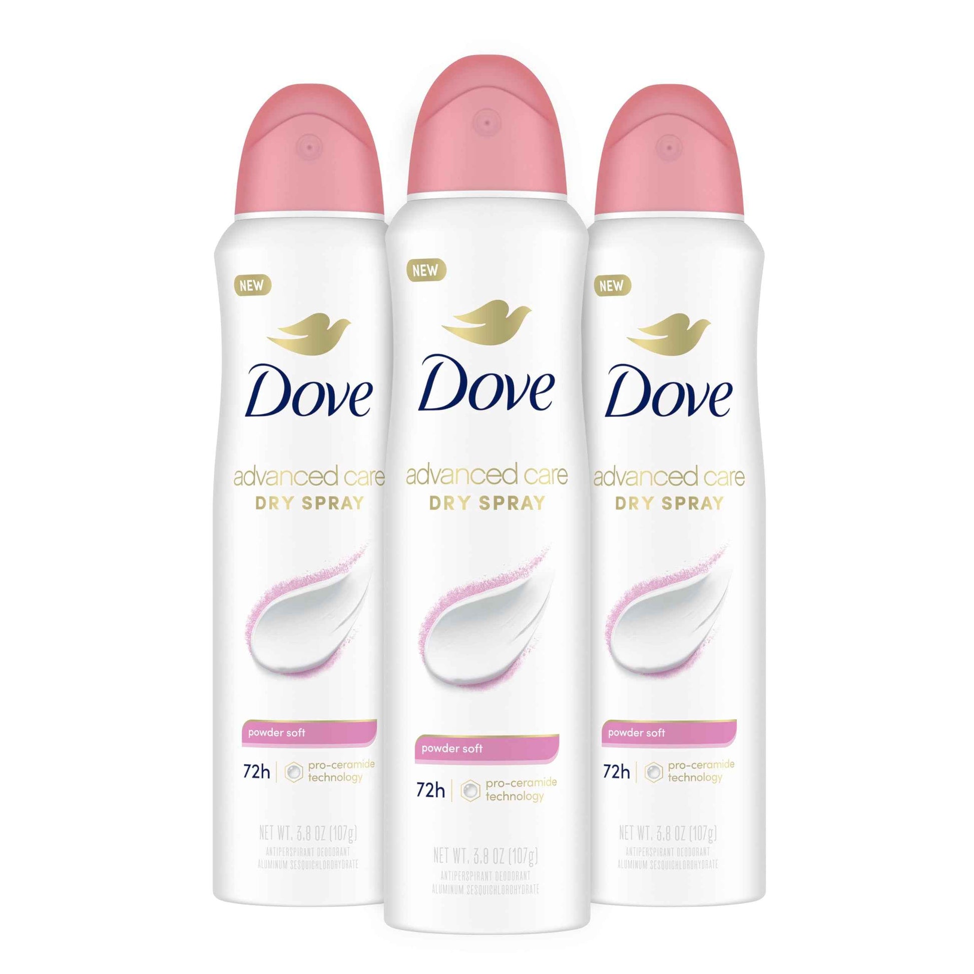 Dove Advanced Care Antiperspirant Deodorant Spray Powder Soft 3 Count to help skin barrier repair after shaving 72 hour antiperspirant deodorant for soft underarms with boosted ceramide levels 3.8 oz