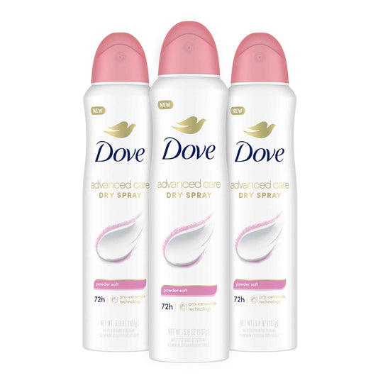 Dove Advanced Care Antiperspirant Deodorant Spray Powder Soft 3 Count to help skin barrier repair after shaving 72 hour antiperspirant deodorant for soft underarms with boosted ceramide levels 3.8 oz