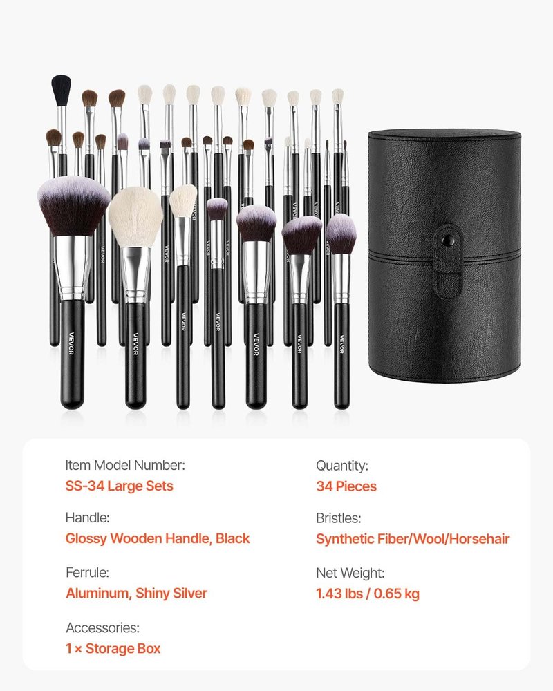 VEVOR 34-Piece Makeup Brush Set, Professional Makeup Brushes Kit for Foundation Blending Eyeshadow Concealer Blush - with Soft Bristles, Ergonomic Wood Handle, Travel-Friendly Case Included