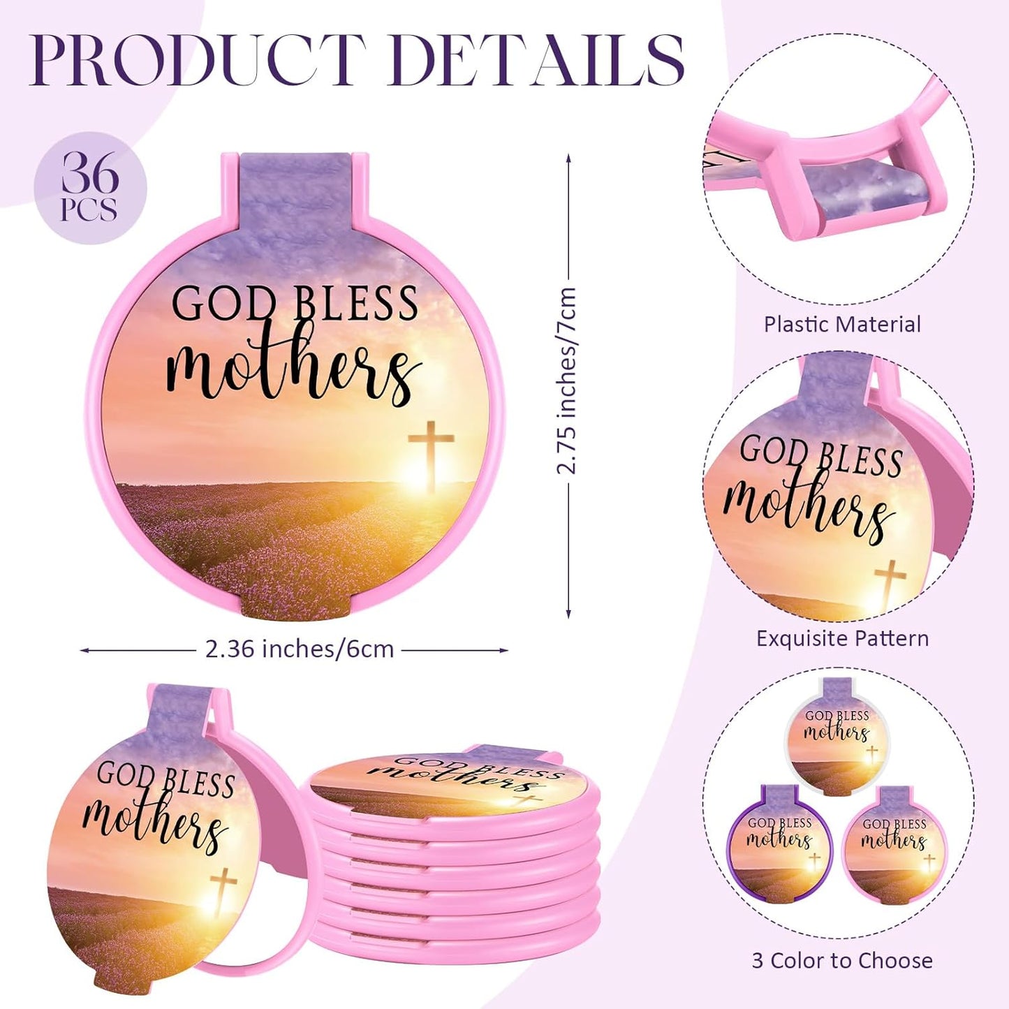 Christian Gifts for Mother's Day - Compact Folding Mirrors with Bible Verses & Happy Mother Cards | 50 Sets - Lavender