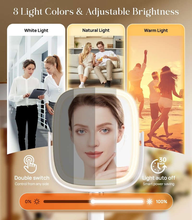 Lighted Magnifying Makeup Mirror - Adjustable Height, 1X/10X Magnification, 4000mAh Battery | 3 Color Modes, Hidden Phone Stand - White