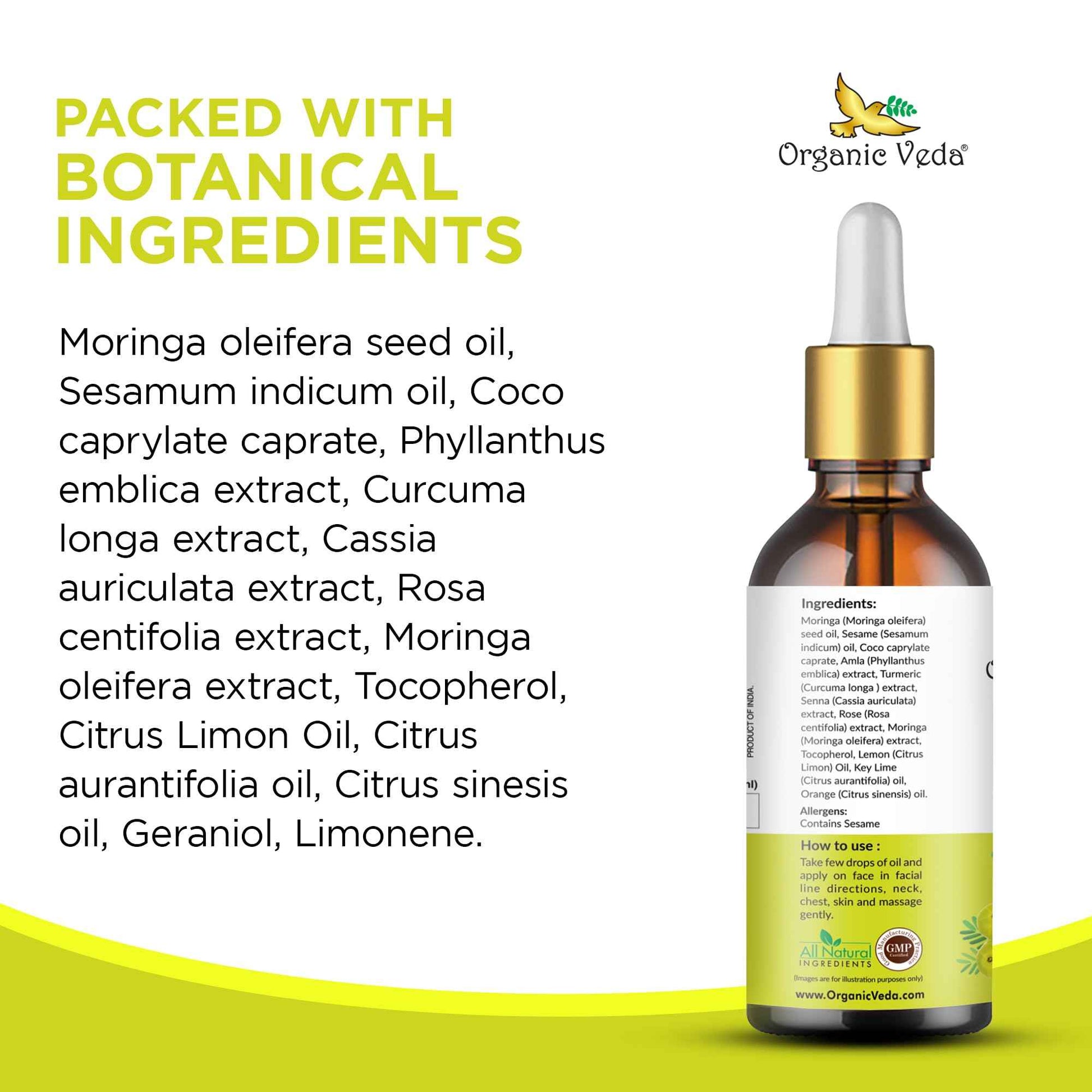 Organic Veda Moringa Face Oil - Hydrating, Fast Absorbing, Miracle Tree Antioxidants, Facial Serum - Organic Moringa Oil, Turmeric, Rose -Anti-Aging, Non-Greasy Day & Night Beautifying Oil -50ml