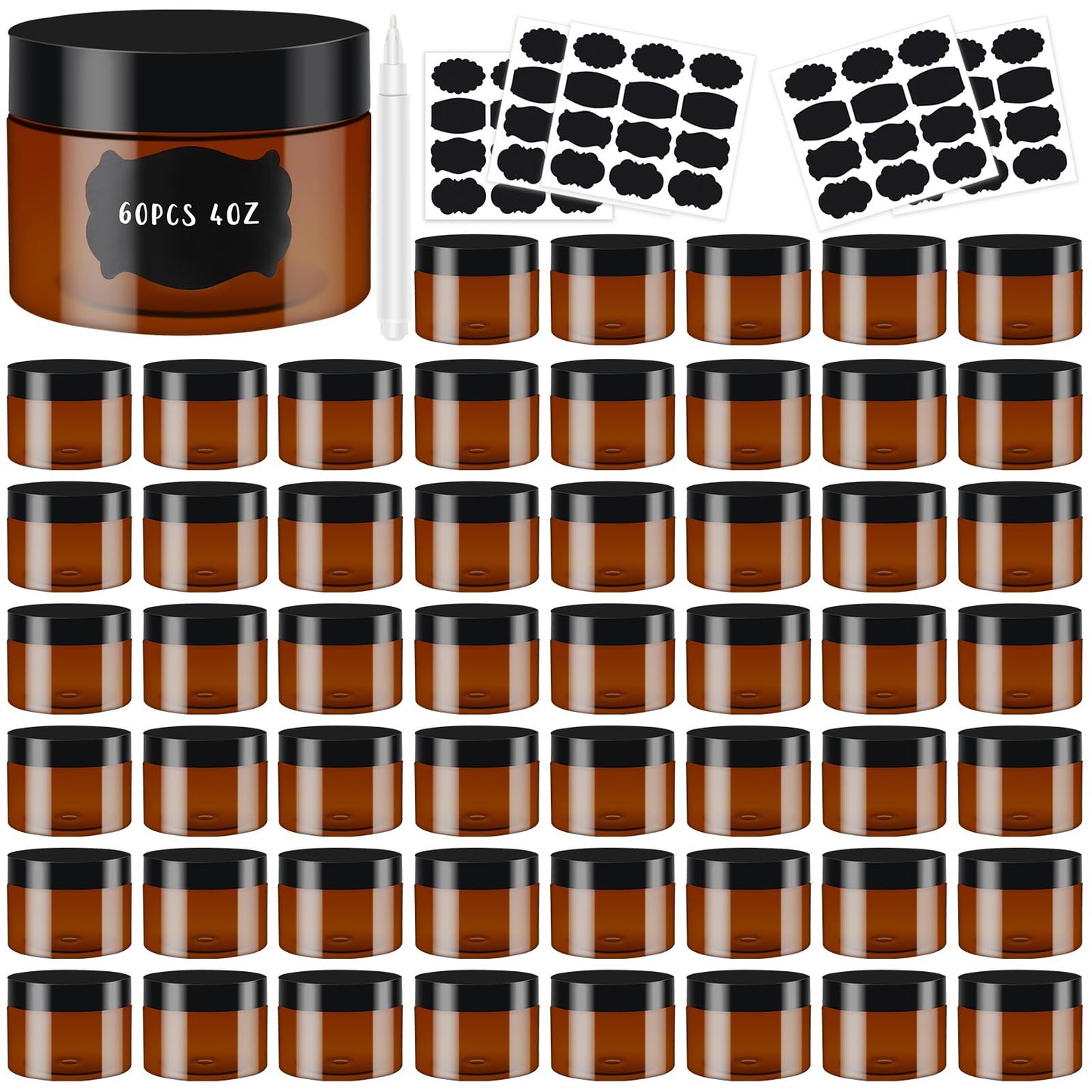Dandat Amber Plastic Jars with Lids Refillable Round Storage Container with Labels and Pen Christmas Small Empty Travel Jar for Lotion Gel Essential Oil Body Powders Ointments(4 oz, 121 Pcs)