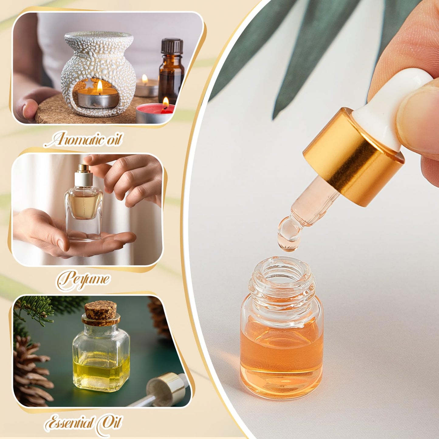 Didaey 100 Pcs 2 ml Mini Glass Oil Dropper Bottle Bulk, Clear Essential Small Empty Bottles Sample Containers Perfume Liquid Vials with Cap for Traveling(2 ml, Gold)