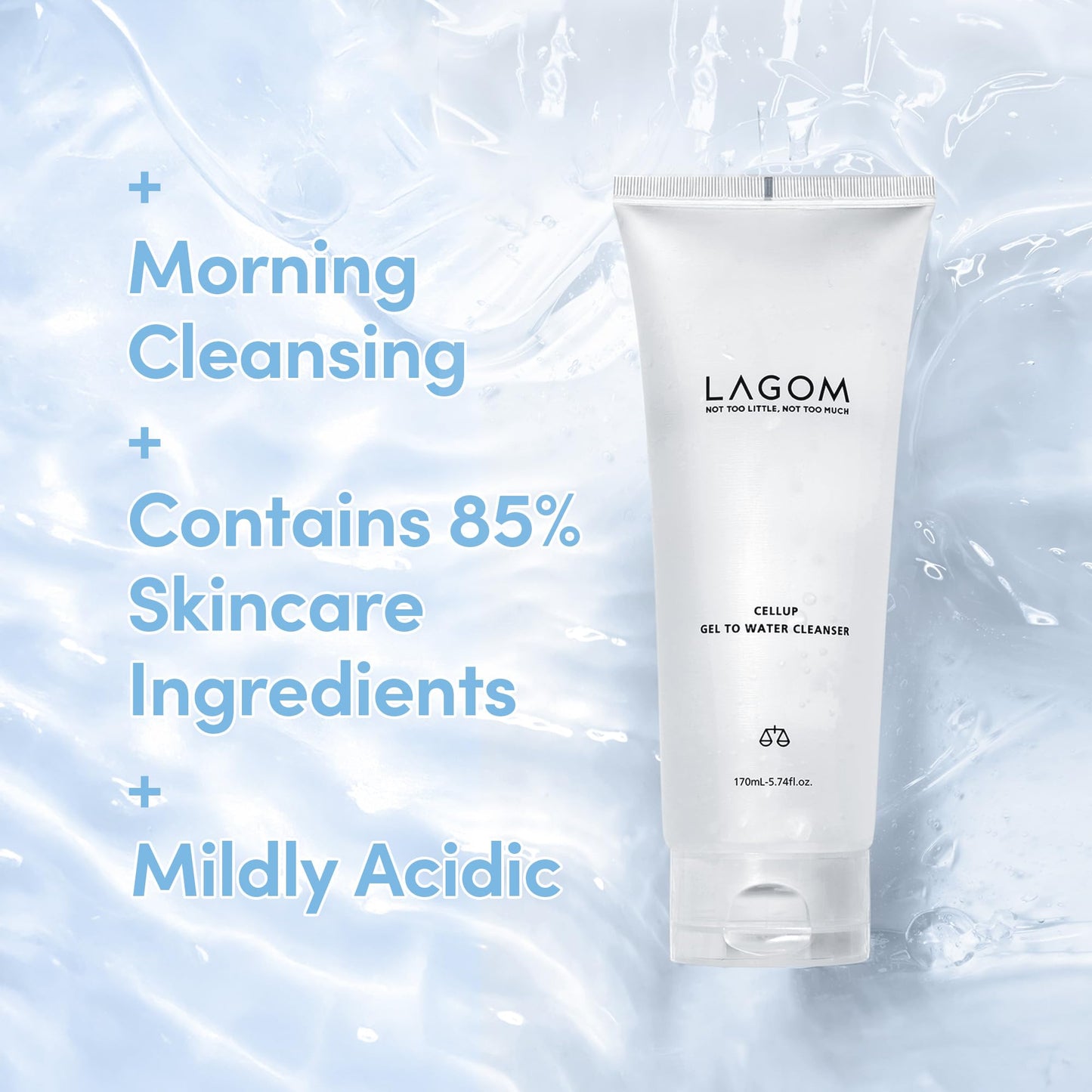 LAGOM Cellup Gel To Water Cleanser, Gentle Morning Face Wash with Hydrating Aqualicia, Non-Foaming Jelly Texture for Daily Use, low-irritation,K-Skincare 5.74 Fl Oz