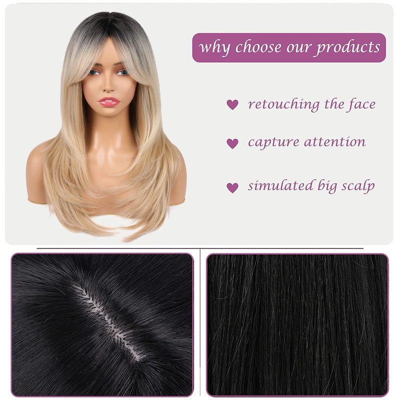 TuTive Blonde Wig With Bangs 22 Inch Layered with Black Roots Shoulder Length Wigs for Women Ombre Color Wig Natural Looking Synthetic Hair Wig for Daily Party Use(Ombre Blonde)