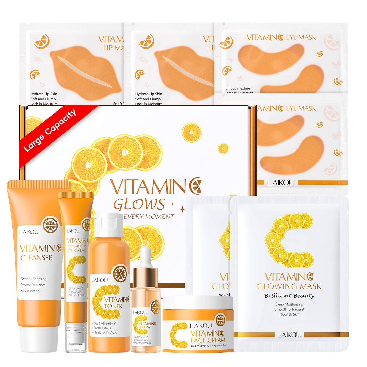 LAIKOU Vitamin C Skin Care, Skin Care Set, Face Mask, Eye Mask, Lip Mask with Serum, Cleanser, Toner, Eye Cream, Essence Cream for Women Teen Girls Mom Daughter Mother's Day Christmas Birthday