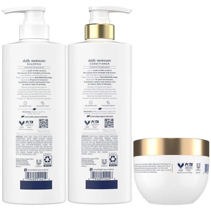 Dove Daily Moisture Shampoo & Conditioner Set | Hyaluronic Deep Hydration & Revitalizing Serum Mask - 3-Piece Set