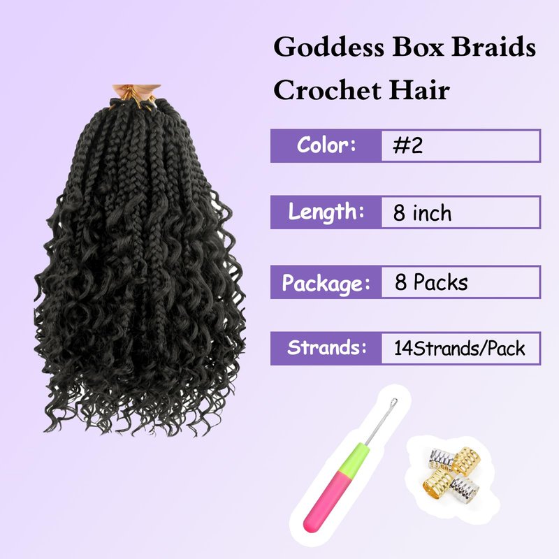 Mebeli Goddess Box Braids Crochet Hair,8inch Pre Looped Boho Box Braids Crochet Hair with curly Ends,8pcs Bohemian Crochet Braid Synthetic Hair Extensions for Black Women(8inch,#2)
