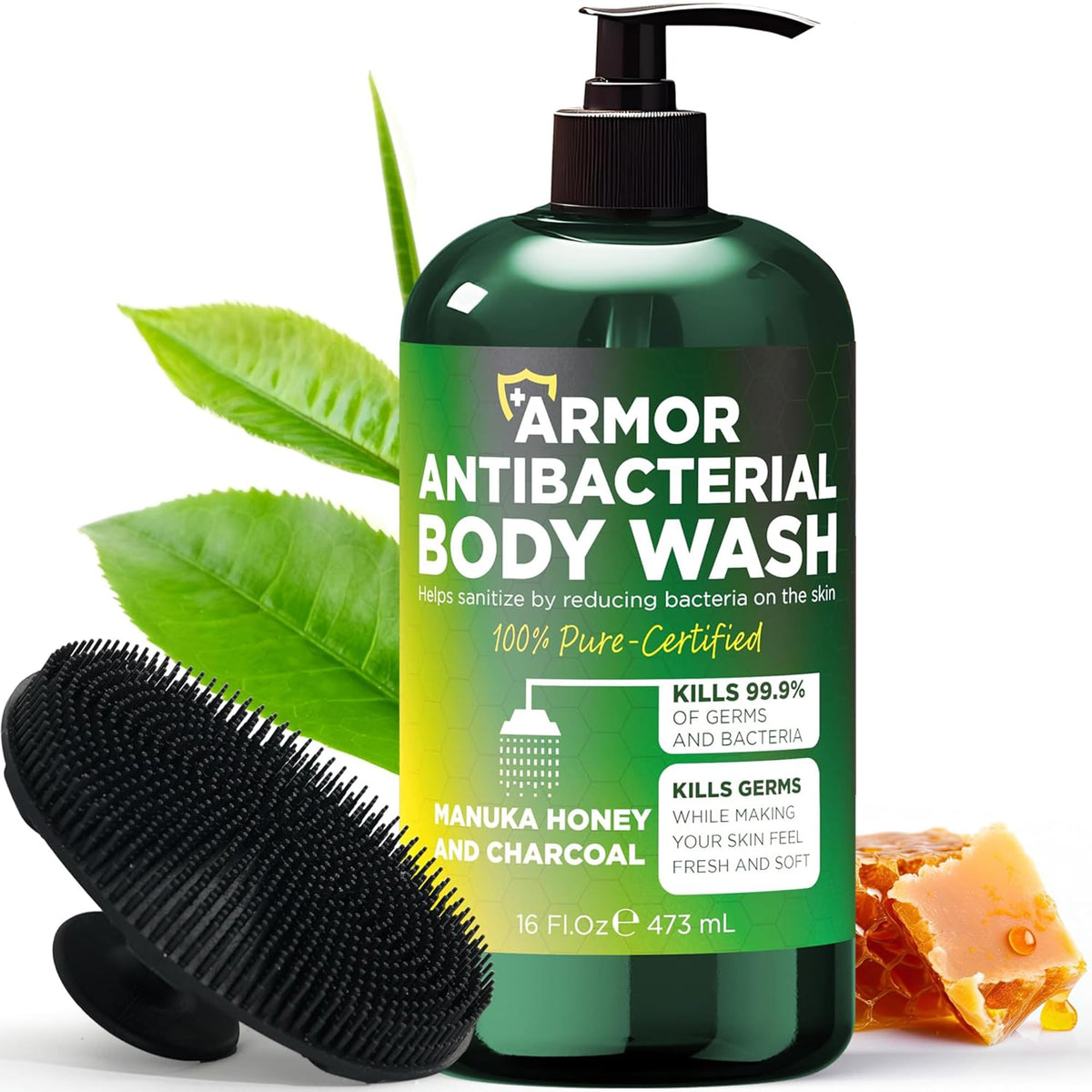 Antibacterial Body Wash | Antibacterial Soap for Men & Women | Kills 99.9% of Germs & Bacteria | Helps with Back Acne, Body Odor & Skin Irritation | Manuka Honey & Charcoal | Includes Scrubber16 fl oz