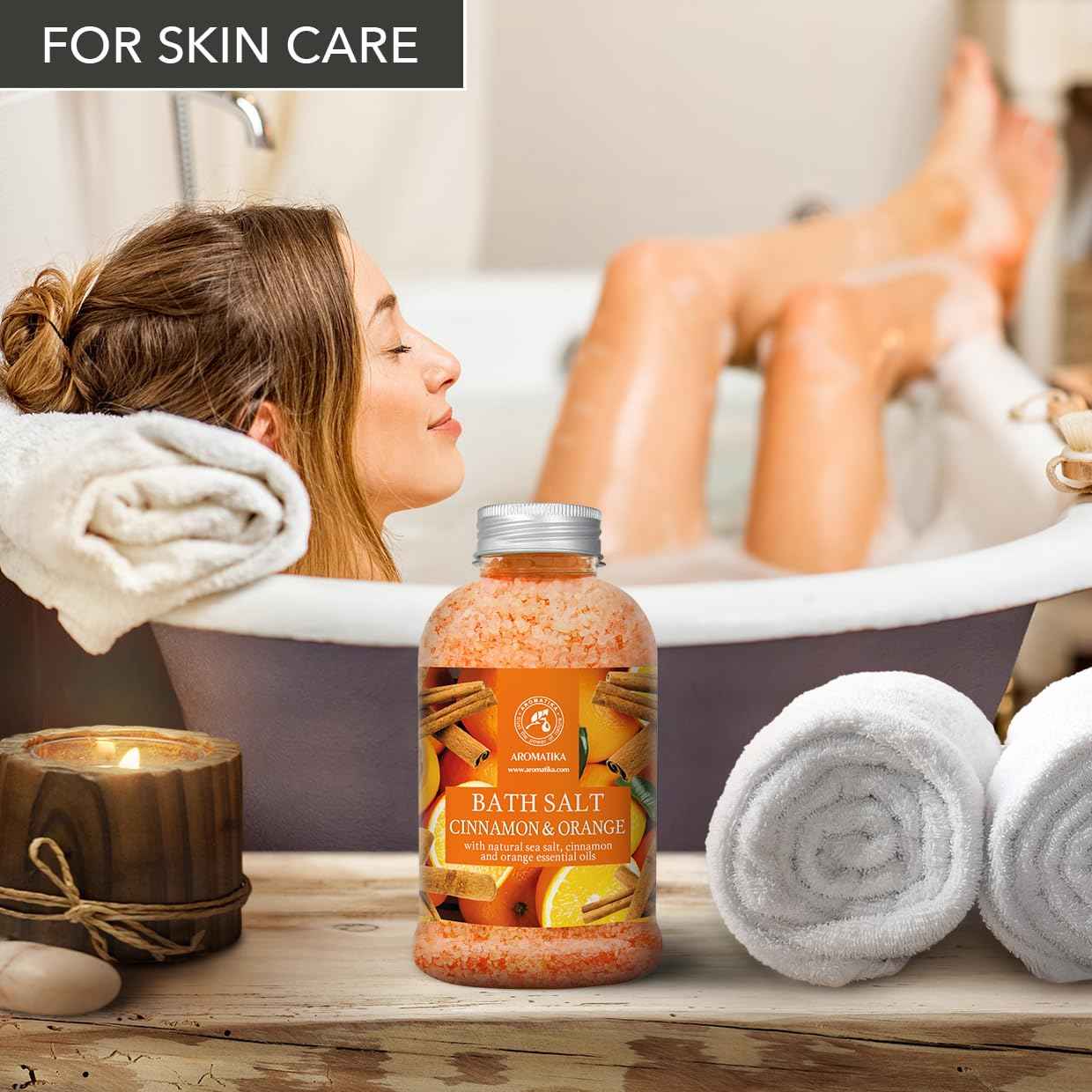 AROMATIKA Cinnamon-Orange Bath Salt 21.16 Oz - Relaxing, Moisturizing, Orange-Cinnamon Scent - Natural, Non Toxic - Bath Minerals and Salts