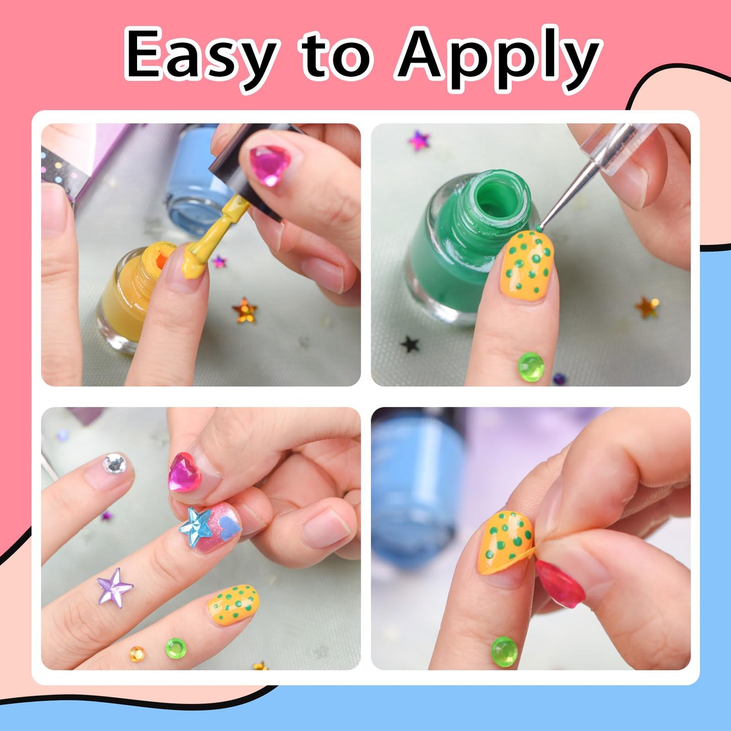 Quick Dry Kids Nail Polish Set for Girls, Non-Toxic Toddler Water-Based Nail Polish Kit with Gems Stickers 9 Colors Peelable Fingernail Set for Ages 3+