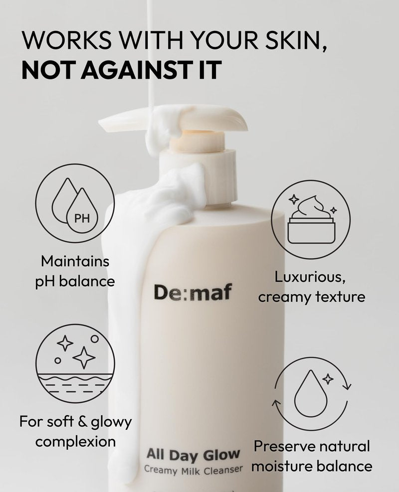 De:maf All Day Glow Creamy Milk Cleanser | Gentle Face Wash for Sensitive Skin, Korean Face Wash & Hydrating Facial Cleanser with Hyaluronic Acid, Ceramides, Panthenol (10.14 fl oz)