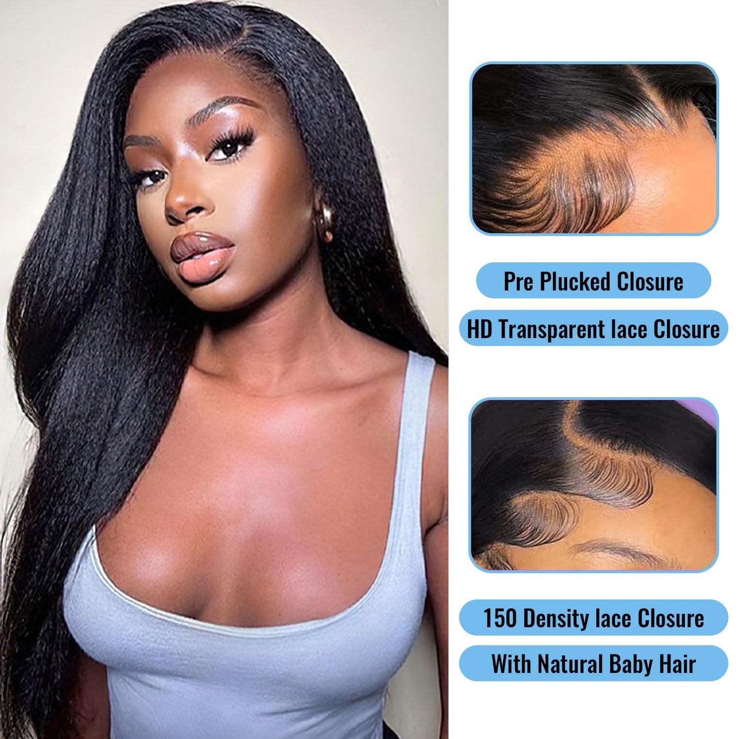 Kinky Straight 2x6 HD Lace Frontal Closure 12A Brazilian Raw Virgin Yaki Kinky Straight Human Hair Closure Natural Hairline Pre Plucked 12 Inch