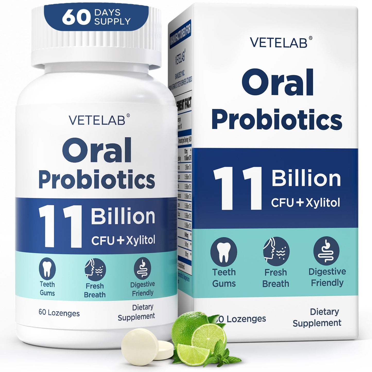 VeteLab Oral Probiotics for Mouth Bad Breath - 11 Billion CFU Chewable Probiotics for Teeth & Gums, Dry Mouth, Gum Restore, Fresh Breath, Chronic Halitosis & Gut Health, 60 Lozenges