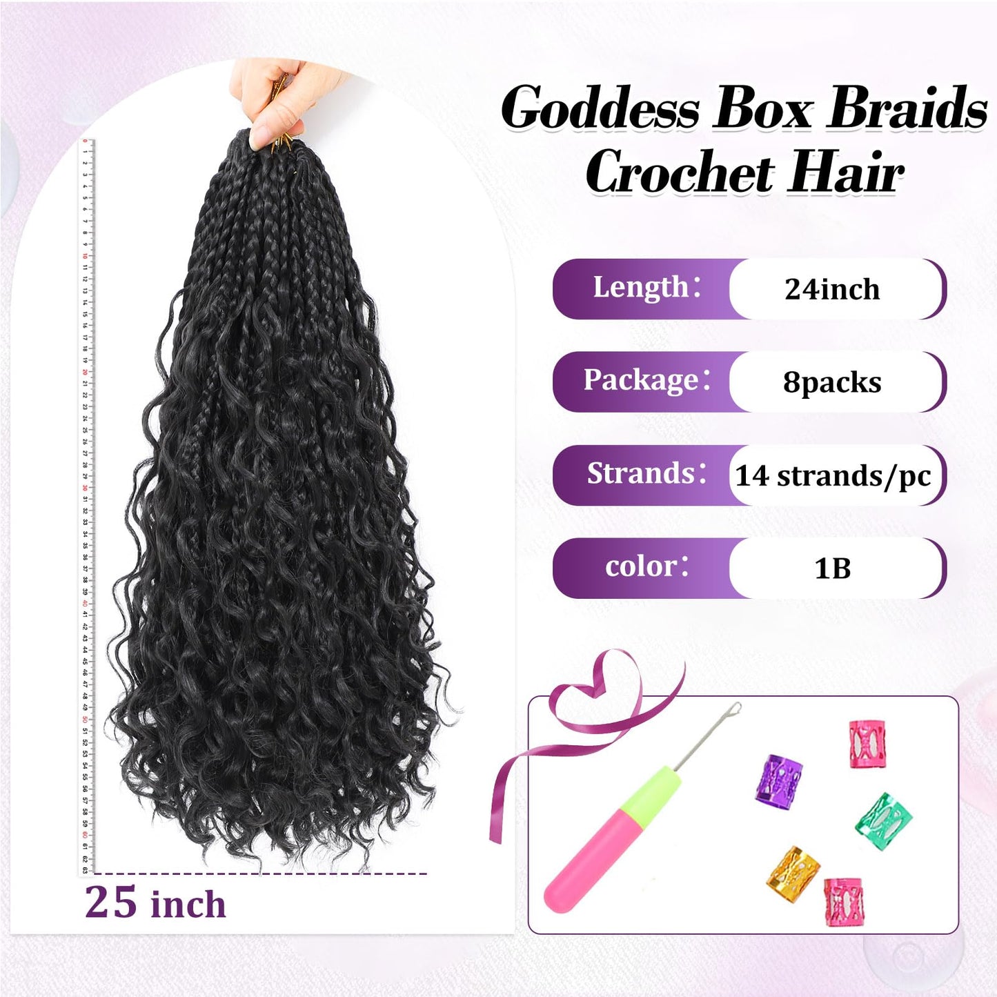 Long Goddess Box Braids Crochet Hair For Black Women-24 Inch 8 pack Pre Looped Boho Crochet Braids Prelooped Bohemian Boho Braids With Curly Ends Hair Extension（24in,1b/30）