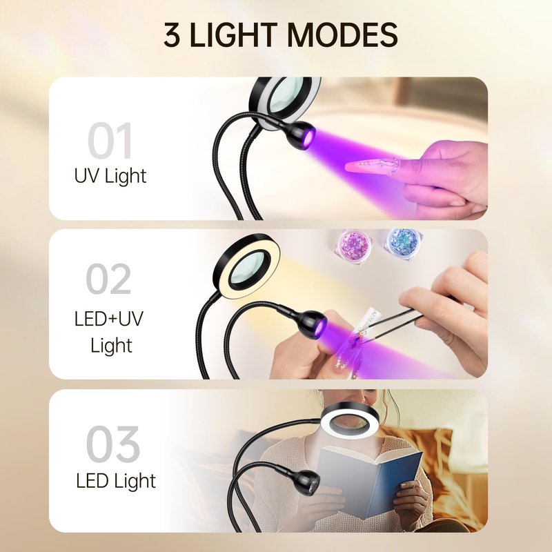 AORAEM LED UV Nail Lamp: Double-Headed Gooseneck UV Lamp for Gel Nails, LED Flash Cure Light with 6X Magnifier Home DIY Salon, Black