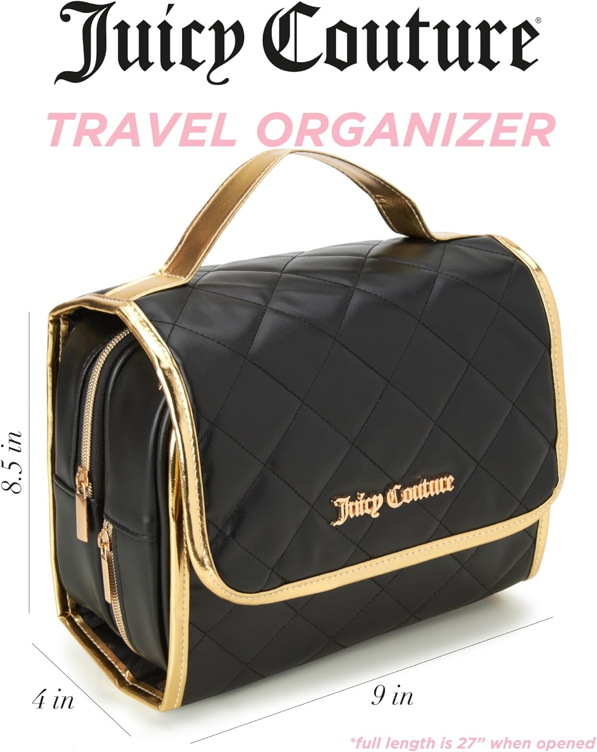 Juicy Couture Black Makeup Bag - Faux Quilted Leather Cosmetics Organizer with Hanging Hook | Travel Essentials