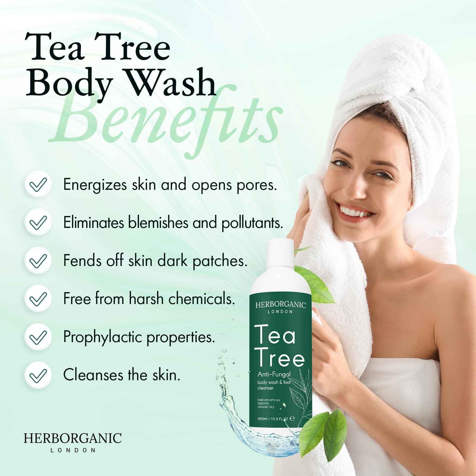 HERBORGANIC Tea Tree Body Wash - 400ml - Body Wash - Vegan, Odor and Foot Cleansing Shower Gel