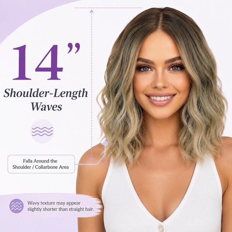 AISI HAIR 14 Inch Ombre Blonde Wigs for Women - Shoulder Length Wave Wig with Pre-Cut Lace Hairline, Middle Part Natural Wavy Bob Synthetic Heat Resistant Fiber for Daily and Party