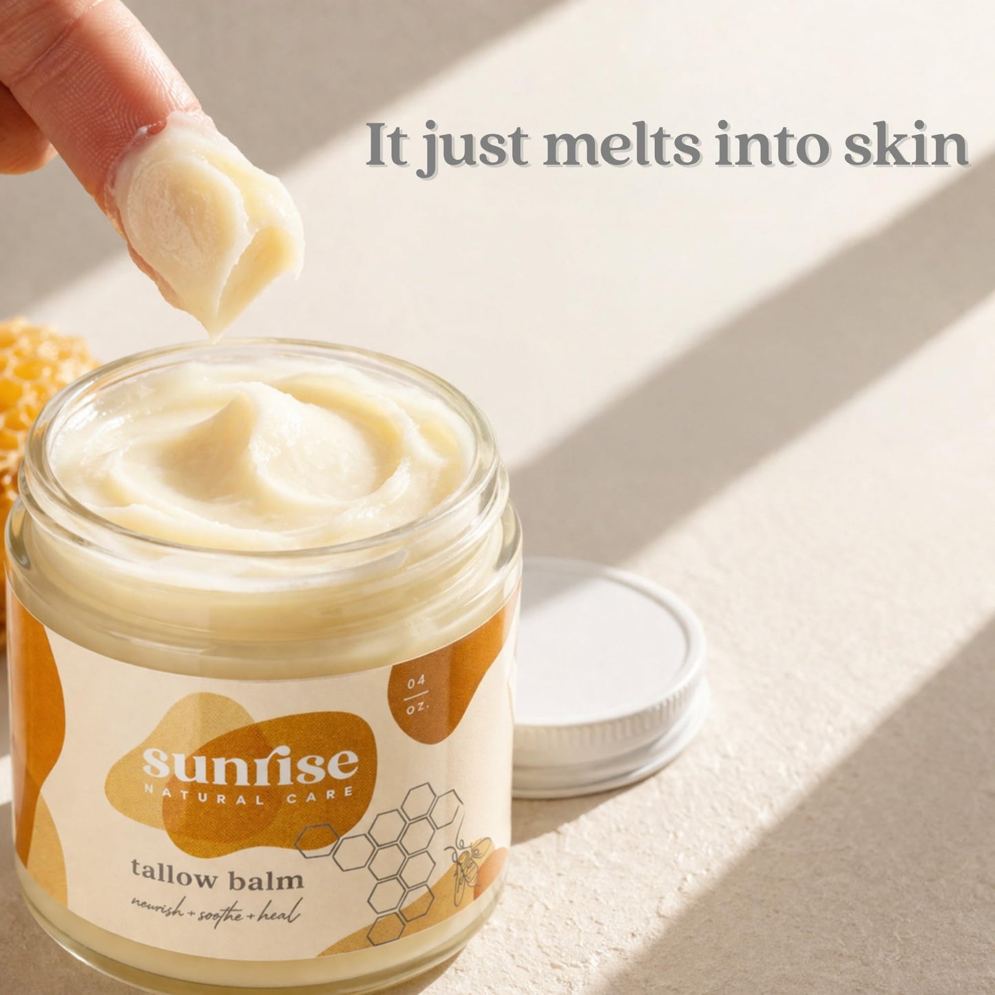 Sunrise Natural Care Unwhipped Honey and Tallow Balm - Body and Face Moisturizer - 100% Grass Fed Beef Tallow - 4 Ounces - Unscented (no essential oils)