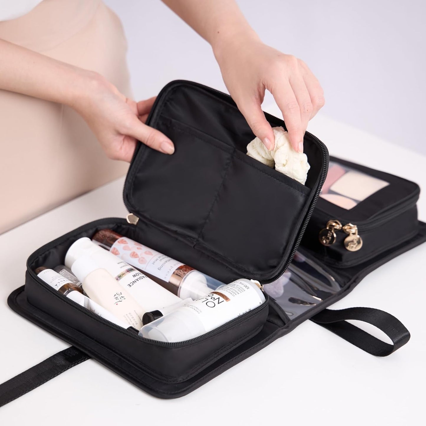 Travel Makeup Bag - Compact Portable Organizer for Cosmetics & Brushes | Large Capacity - Black