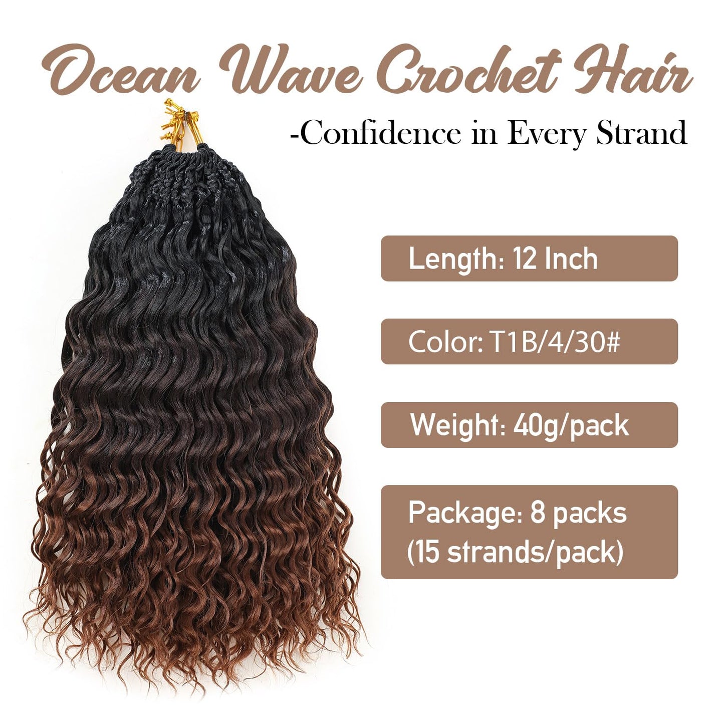 Ocean Wave Crochet Hair - 12 Inch Ombre Brown Auburn Synthetic Pre-Looped Braids | Boho Deep Wave for Black Women