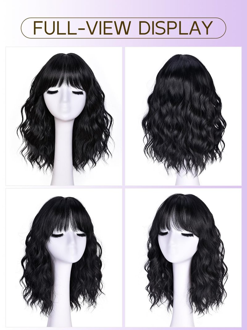 CURLCRAZY Short Wavy Wig with Bangs for Women Black Curly Wigs Natural Wavy Synthetic Wigs for Daily Party Cosplay 14inch