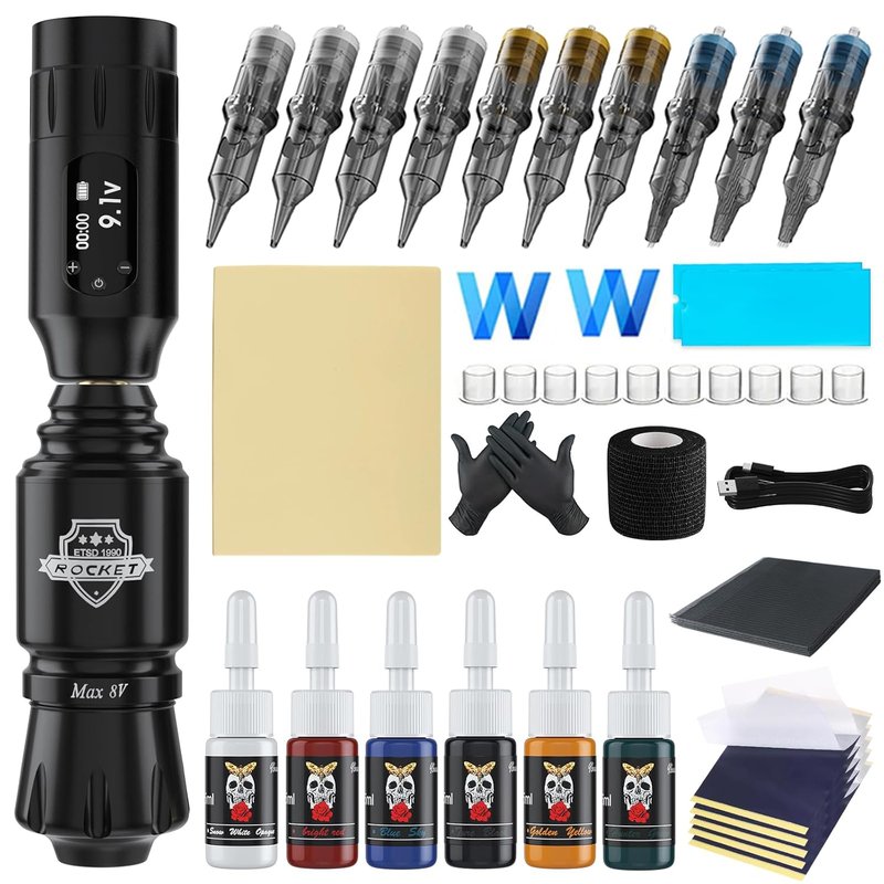 Complete Tattoo Kit for Beginners - Professional Cordless Rotary Machine with 10 Cartridge Needles | Power Supply Included