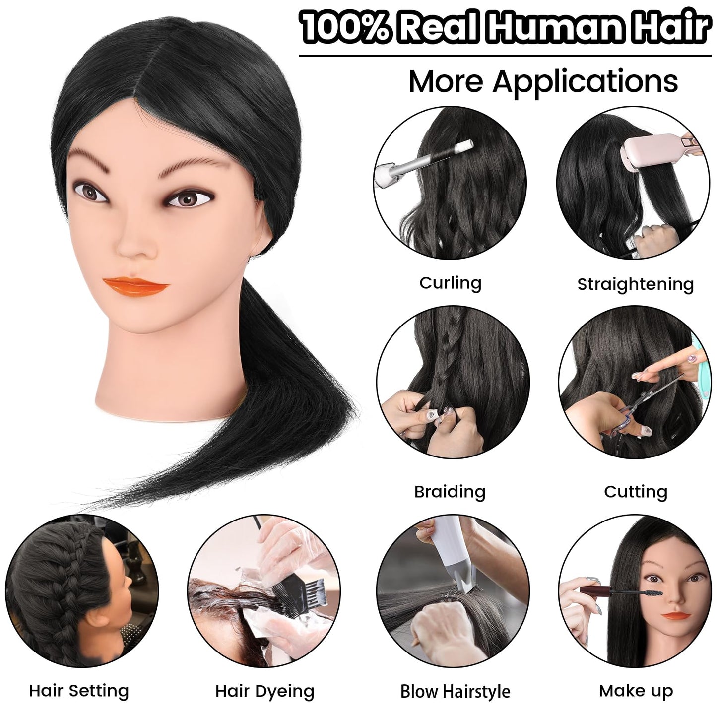 Mannequin Head with 100% Human Hair, MYSWEETY 18" Real Hair Manikin Doll Head for Hair Styling, Cosmetology Mannequin Hairdressing Practice Training Head with Clamp Holder and Tools(Black, Makeup)